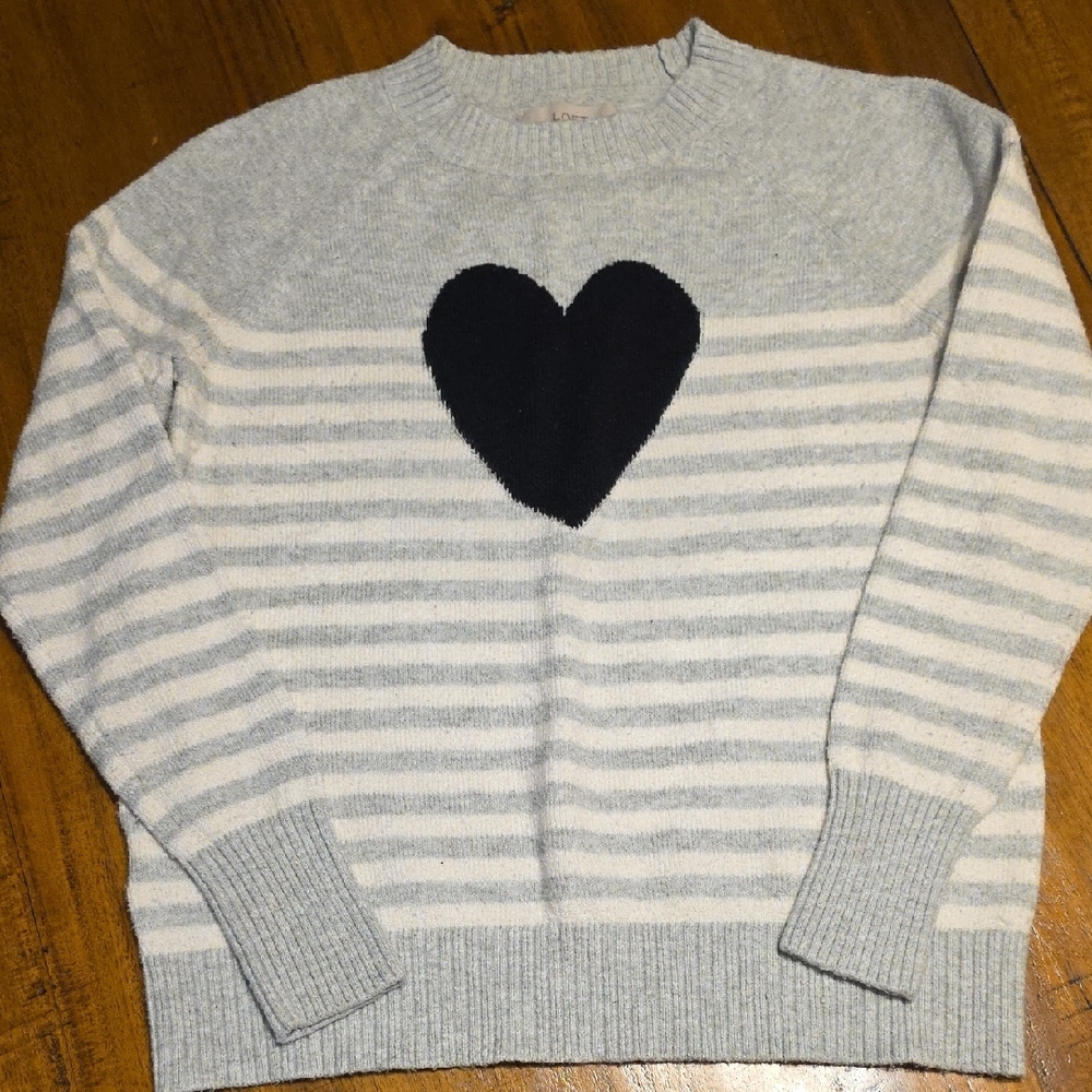 LOFT crewneck sweater in grey and white stripes with a black heart design